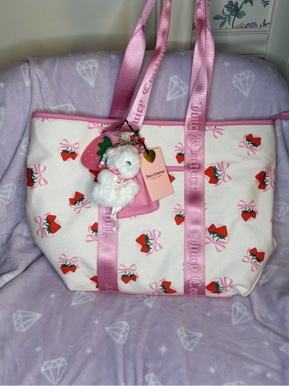 Juicy Couture Pink & Cream Strawberry Print Tote